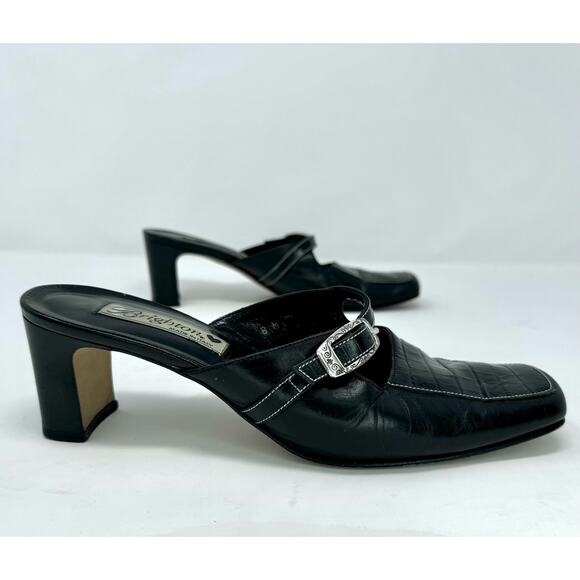 Brighton Tanner Black Leather Croc Embossed Buckle Mule Heels Size 8M Square Toe - Picture 2 of 10